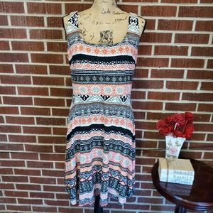 Loft Orange Black Tribal Print Fit Flare Sleeveless Soft Stretch Dress 12